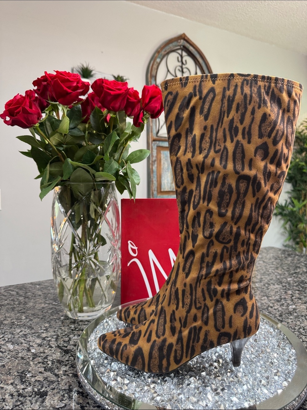 Impo Leopard-Print memory foam mid calf kitten heel boots NEW 7